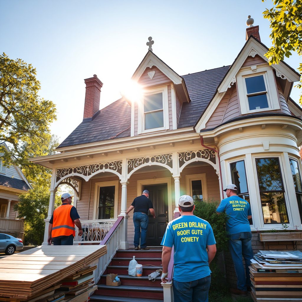 A wider shot of a historic house being worked on, showing both the craftsmanship of the Roof Guys team and the unique features of the home. Bright natural light frames the building, bringing out details in the roofing and facade. The composition should highlight both the team at work and the beauty of the architectural details. Props might include original roofing materials for comparison. The image should evoke a sense of pride in preserving local history.