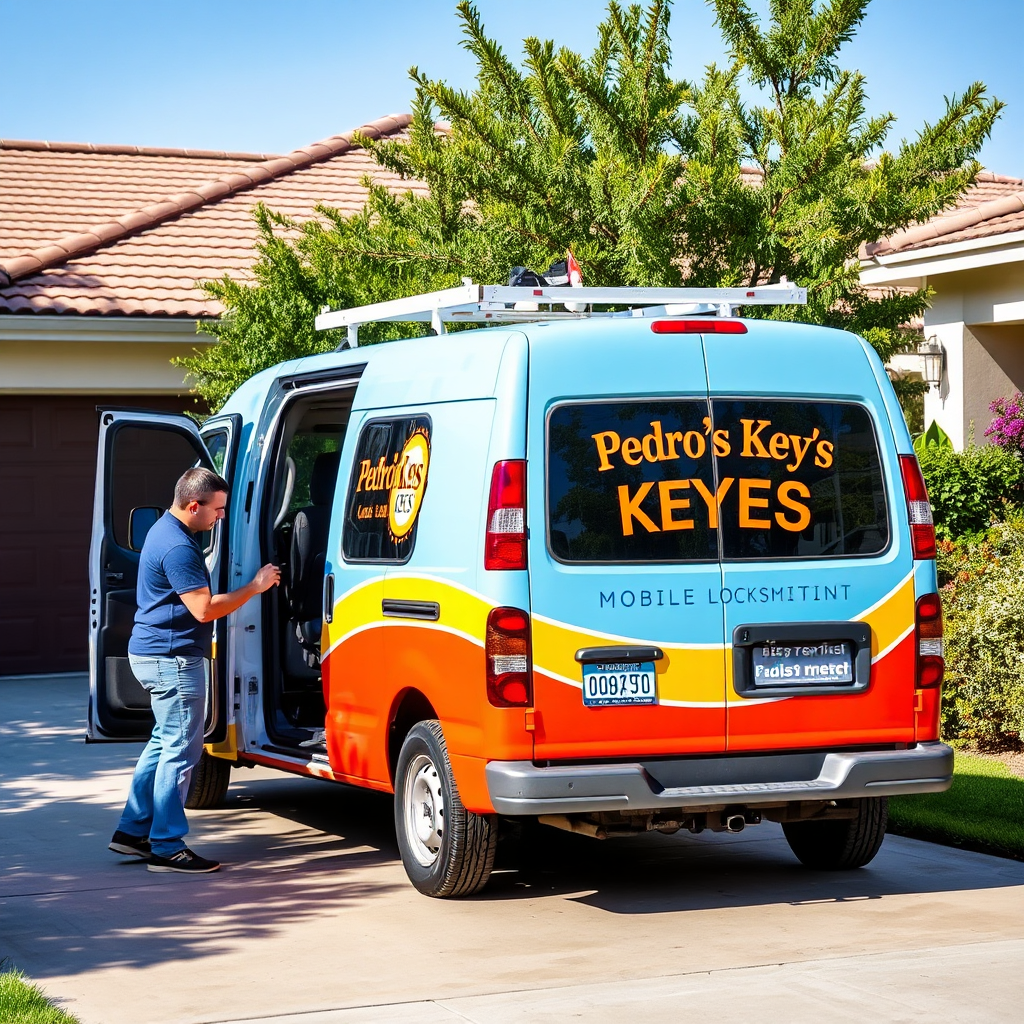 An action shot of the Pedro's Keys mobile service van parked in a residential driveway, with a locksmith preparing to assist a family. The van is prominently displayed, with the brand logo visible. Bright daylight provides a cheerful ambiance, while the surrounding environment showcases a friendly neighborhood. Relevant props include tools, keys, and friendly interactions with customers. The image should be vibrant and engaging, representing the mobility and accessibility of their services.