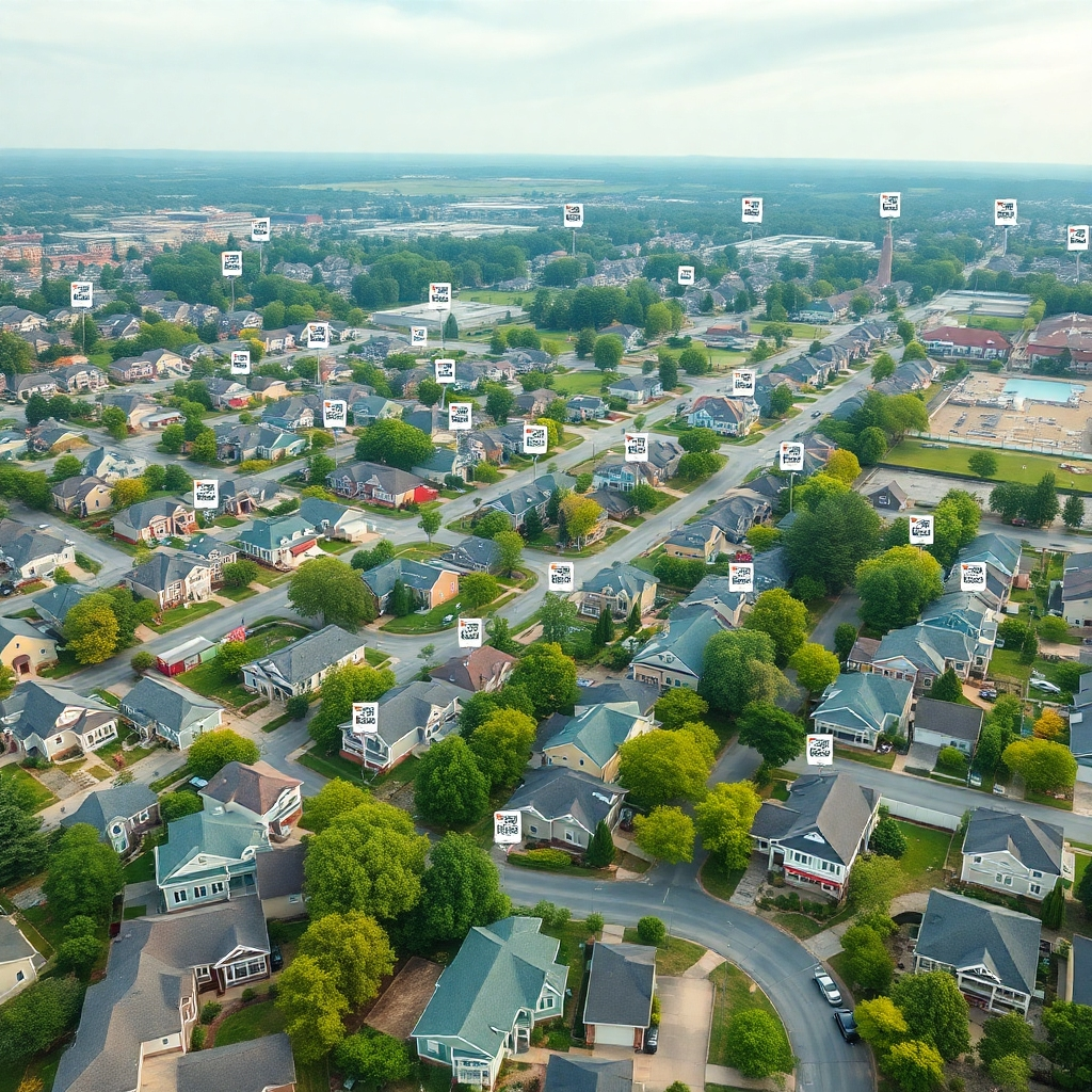 An aerial view capturing several targeted neighborhoods with a mix of homes and local businesses. Each area is marked with icons indicating flyer placements. Soft diffused lighting bathes the scene, creating a serene atmosphere. The color palette is vibrant, with greens and blues predominating, symbolizing growth and opportunity. The camera perspective is high above, highlighting community engagement areas like parks and shopping areas. Detailed textures of home exteriors and landscaping should be visible, alongside representations of the flyers (with marketing messages) scattered around to show their presence. The photograph should reflect a community spirit, styled like a contemporary urban landscape photography. Ensure it's 8K resolution, hyperrealistic, and ultra-detailed to capture every aspect of the neighborhoods.