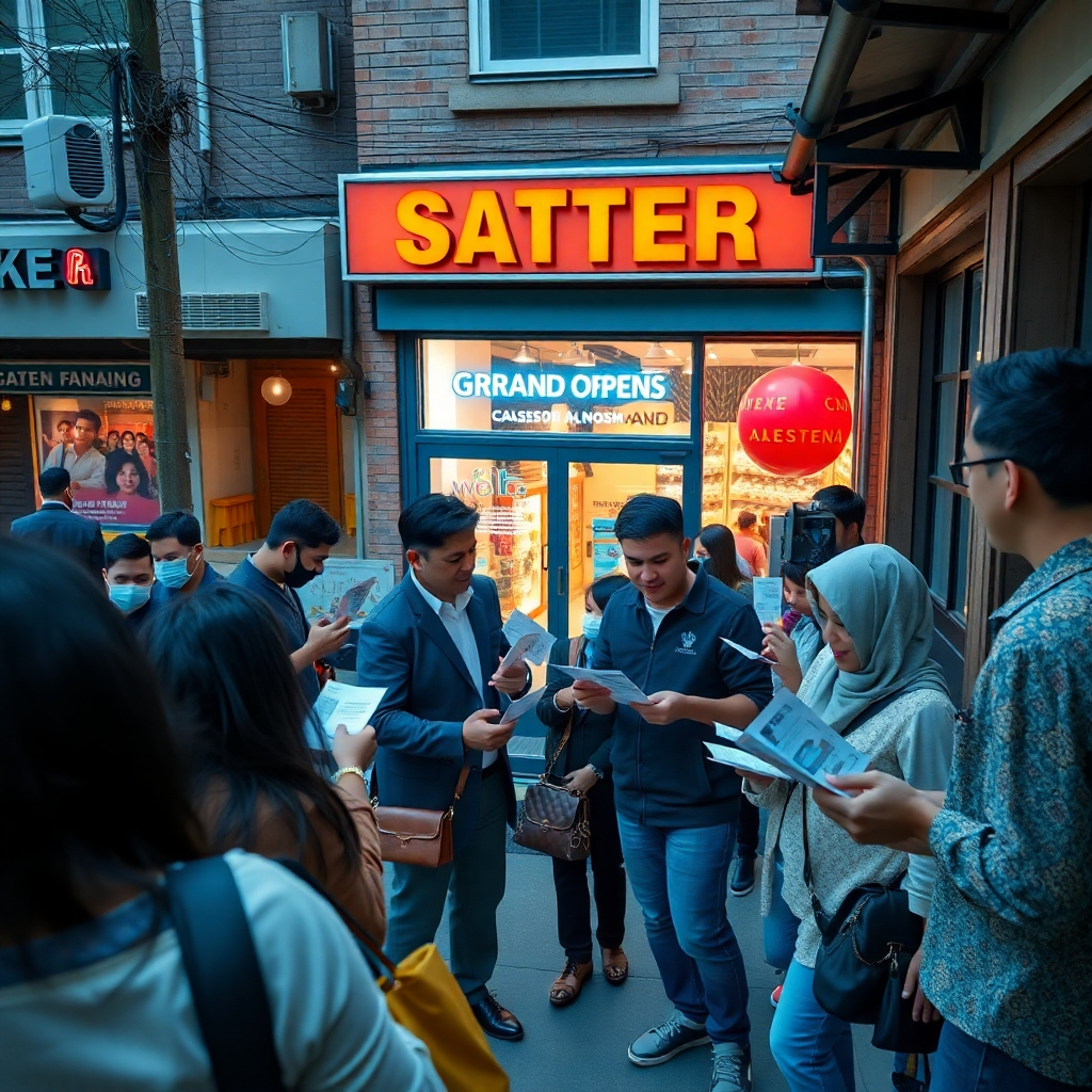 An aerial view of a busy neighborhood with a team of marketers distributing flyers door-to-door. The scene captures diverse individuals receiving flyers, with a vibrant storefront in the background preparing for its grand opening, conveying a sense of excitement and anticipation.