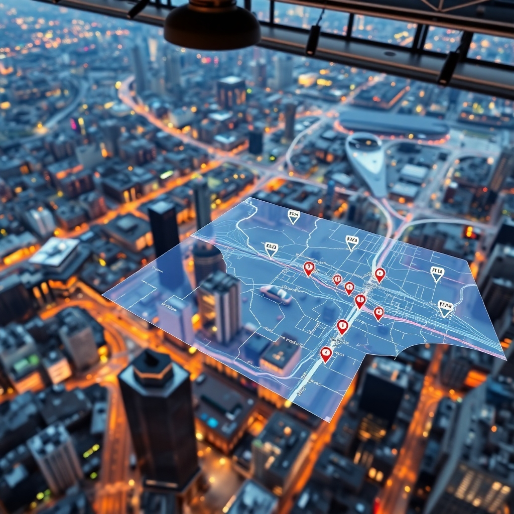 An aerial view of a city with a digital map overlay showing live GPS tracking in progress. Small icons represent flyers being distributed in real time, with routes marked clearly, and a focus on a large display screen with campaign statistics and analytics in a vibrant office space.