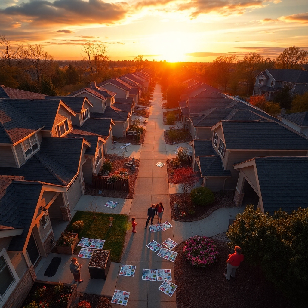 An aerial view of a neighborhood, with flyers spreading out on doorsteps. Icons representing families, couples, and friends are scattered around, illustrating diverse target audiences enjoying the flyers. The sun is setting, casting a warm glow over the scene.
