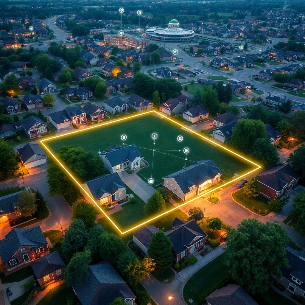 An aerial view of a neighborhood with highlighted boundaries illustrating a geofencing strategy. Soft diffused lighting casts a warm glow over the scene, enhancing the appeal of the homes within the designated area. The color palette combines vivid greens and soft earth tones, reflecting a friendly neighborhood vibe. From this perspective, individual homes are detailed with evident textures such as brick, siding, and landscaped yards. Icons of digital connectivity and data flow lines weave across the image, representing the geofencing technology in action. The background includes broader neighborhood elements like parks and community centers, indicating a thriving community. The overall ambiance is welcoming and innovative, with an ultra-detailed, hyperrealistic representation in 8K resolution, taking cues from modern infographic design.