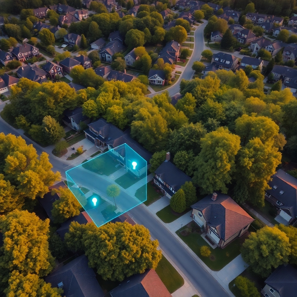 An aerial view of a neighborhood with highlighted areas marked by digital overlays, representing geofencing technology. Include visuals of mobile devices receiving targeted ads, surrounded by lush green trees and houses.