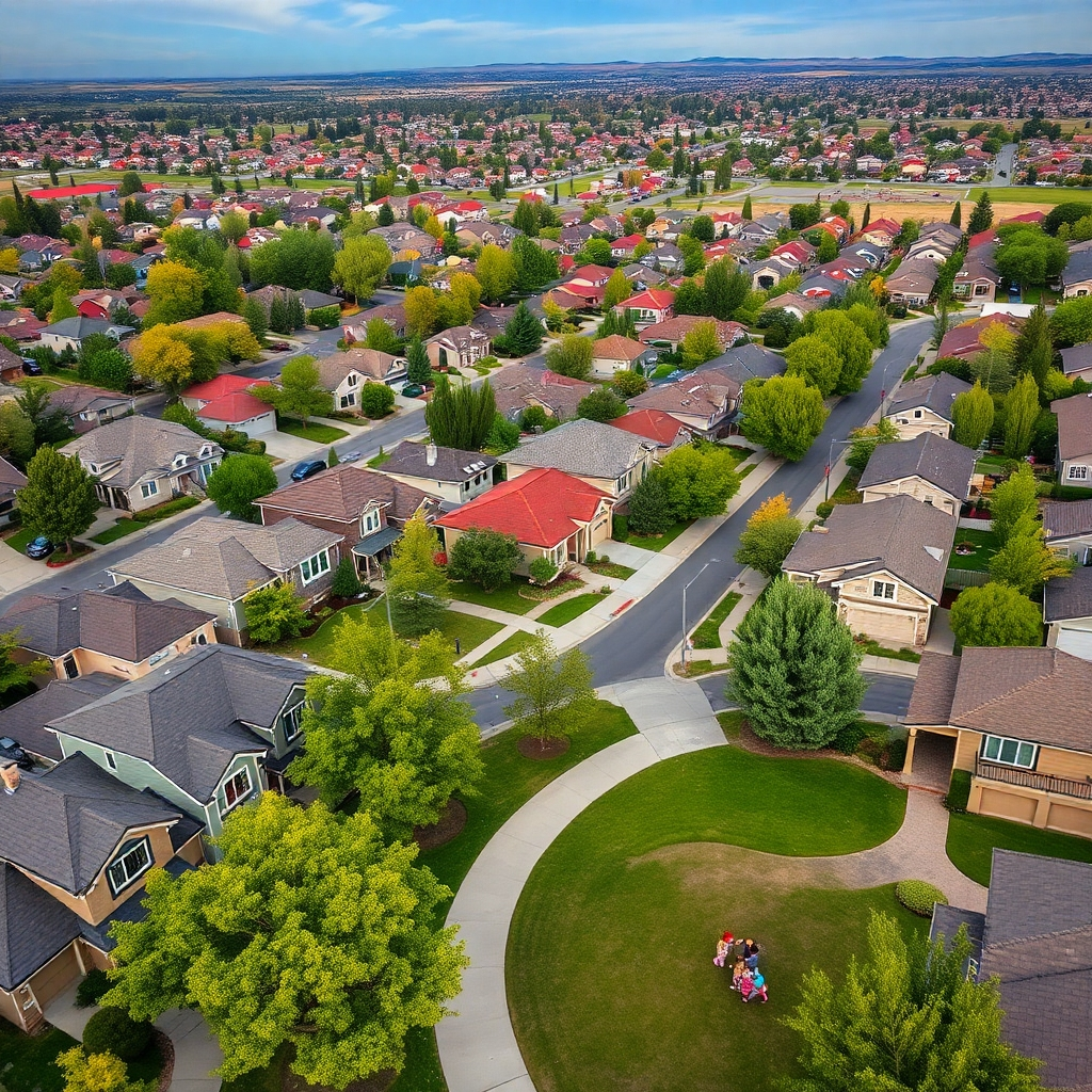 An aerial view of a picturesque suburban neighborhood in Auburn, CA, highlighting proximity to parks and shopping. Include well-maintained homes, tree-lined streets, and a park with families enjoying outdoor activities, showcasing a vibrant community.