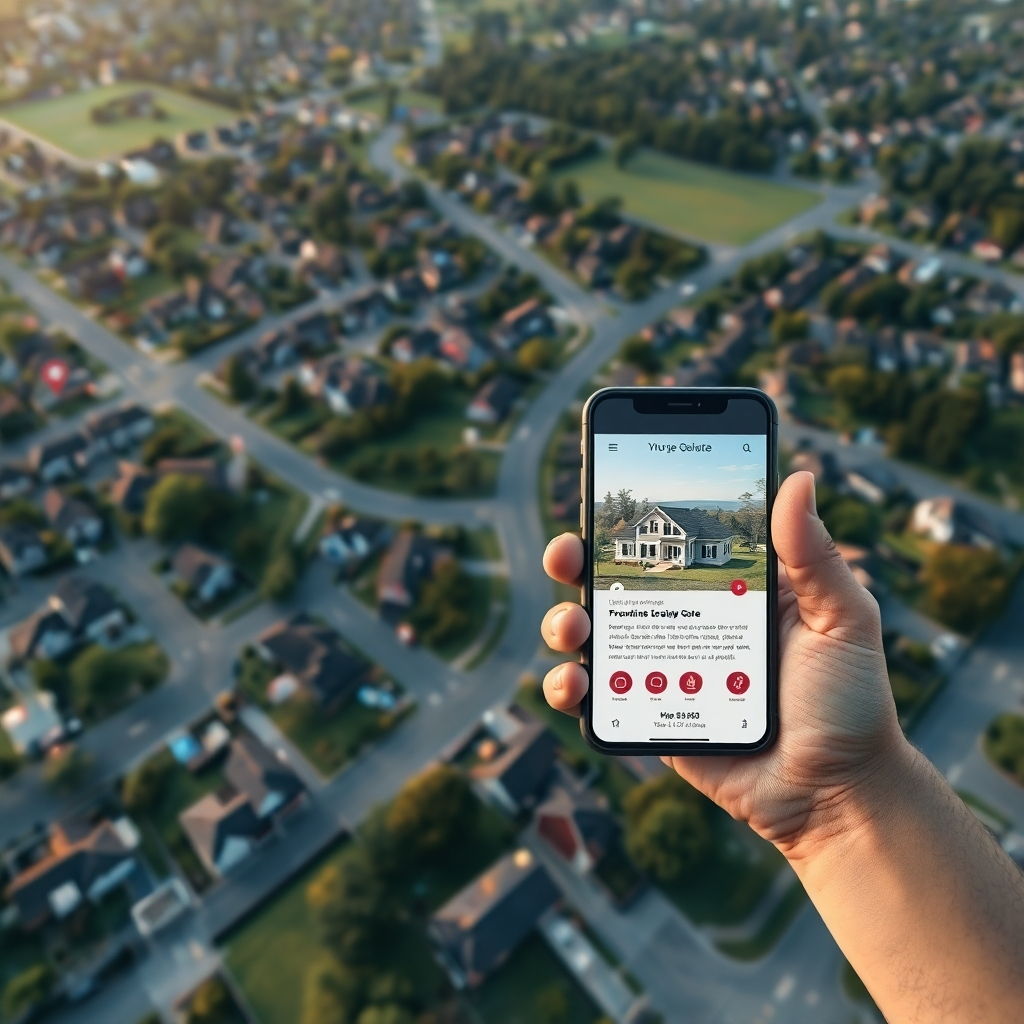 An aerial view of a suburban neighborhood highlighted with point markers representing geofencing targets, alongside a digital advertisement displayed on a smartphone screen showing a real estate ad tailored for that area, capturing local interest.