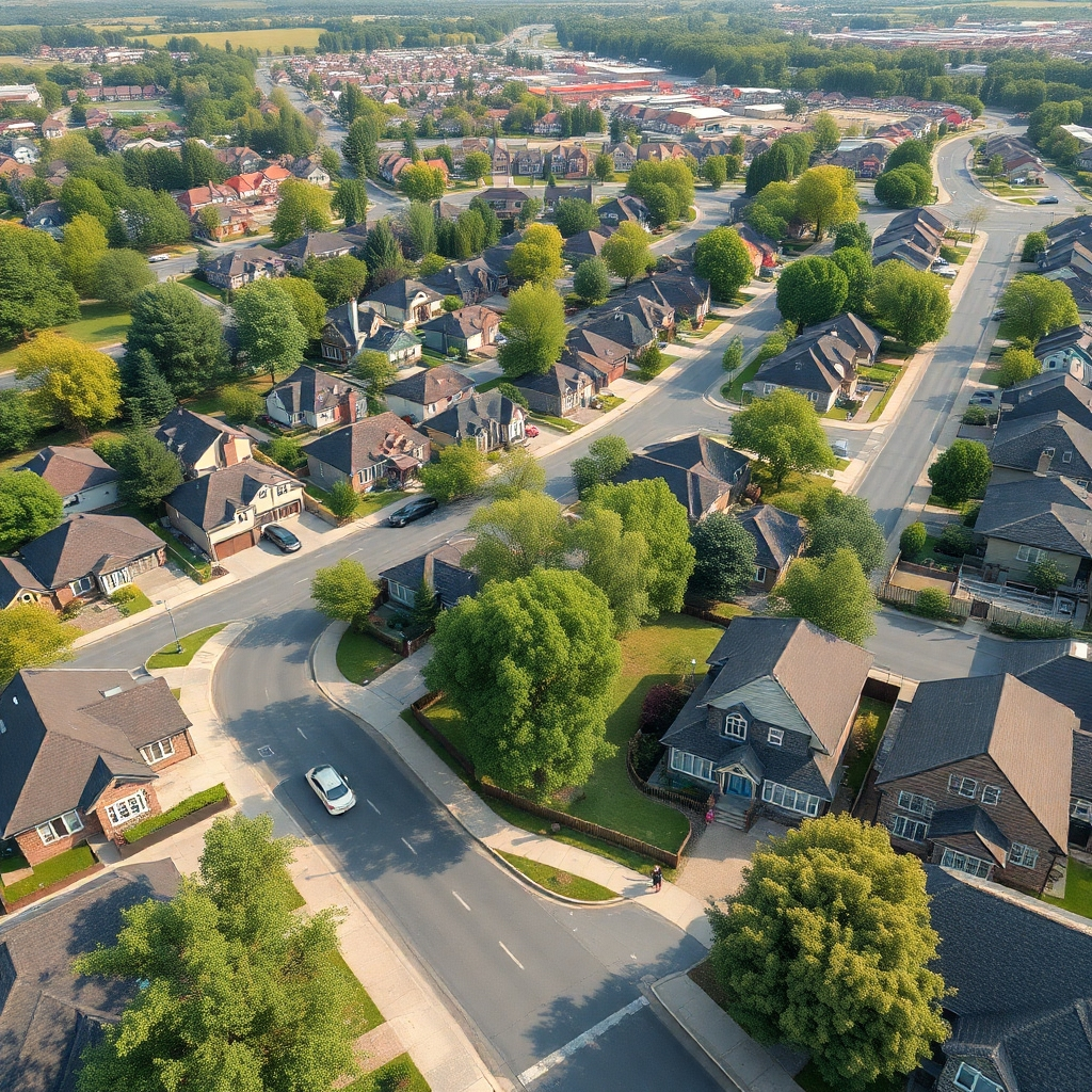 An aerial view of a suburban neighborhood highlighting the proximity of the home to parks, schools, and local shops. Include well-maintained streets, trees lining the roads, and families enjoying the area to depict a vibrant community.