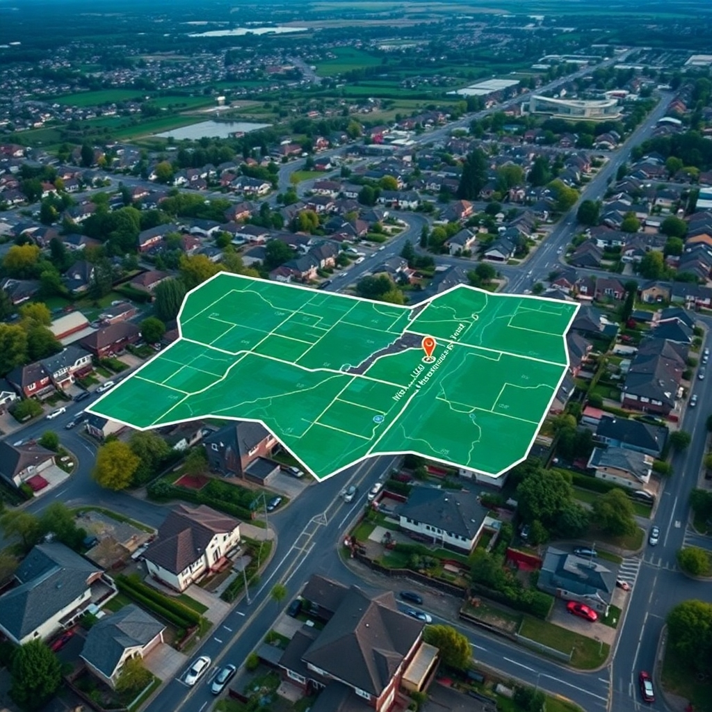An aerial view of a suburban neighborhood with highlighted sections on a map, indicating targeted marketing areas for junk removal services. Include visuals of homes, parked cars, and streetscapes to capture a local, community feel.