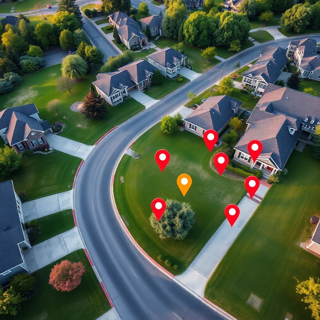 An aerial view of an upscale neighborhood with well-manicured lawns and clean streets. Brightly colored markers on the map indicate targeted areas for flyer distribution, showcasing a strategic marketing focus to attract clients for cleaning services.
