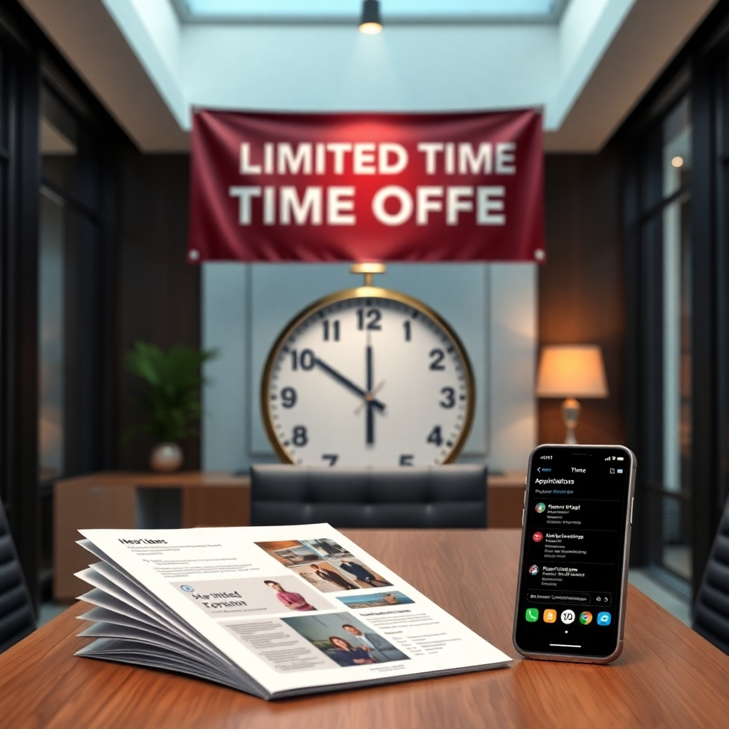 An aesthetically styled clock and 'limited-time offer' banner in a modern office setting, featuring a brochure and smartphone with notifications of appointments, all symbolizing urgency and exclusivity in real estate marketing.