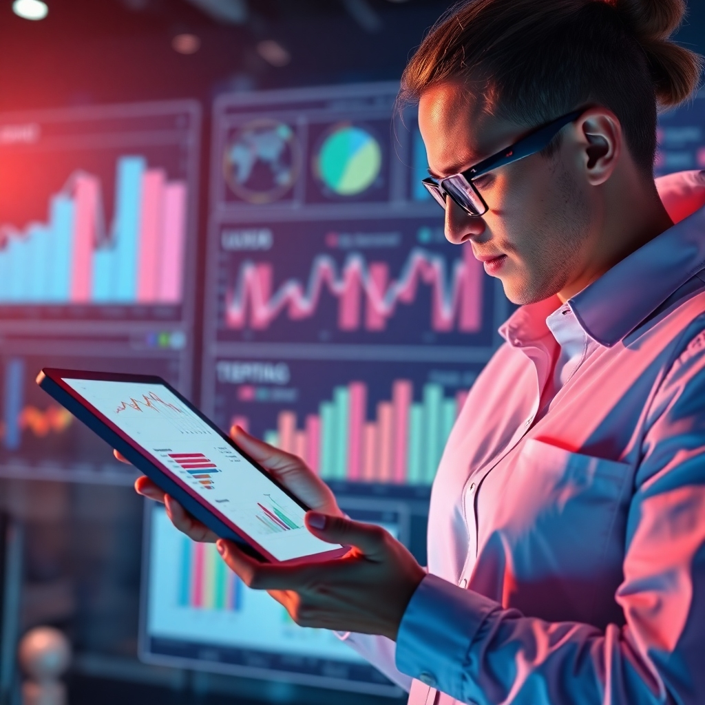 An analytical scene with a real estate agent reviewing AI-generated reports and client feedback on a tablet, set against a backdrop of graphs and charts. The focus is on how data analytics empower smarter real estate decisions, with a futuristic and vibrant atmosphere.