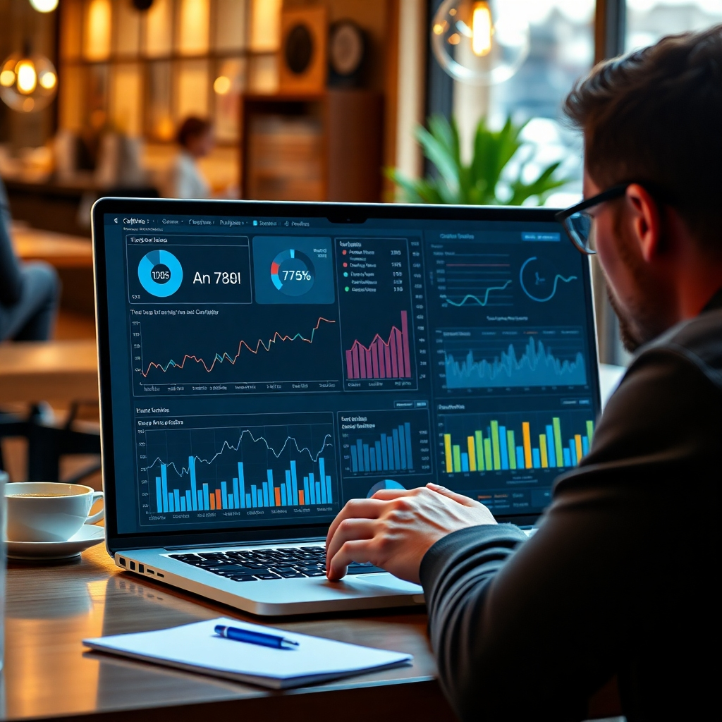 An analytics dashboard displayed on a laptop screen, showcasing dynamic graphs and statistics. A person analyzing data with a thoughtful expression. The background should include a coffee shop, representing a local business setting, to emphasize real-time insights in an everyday environment.