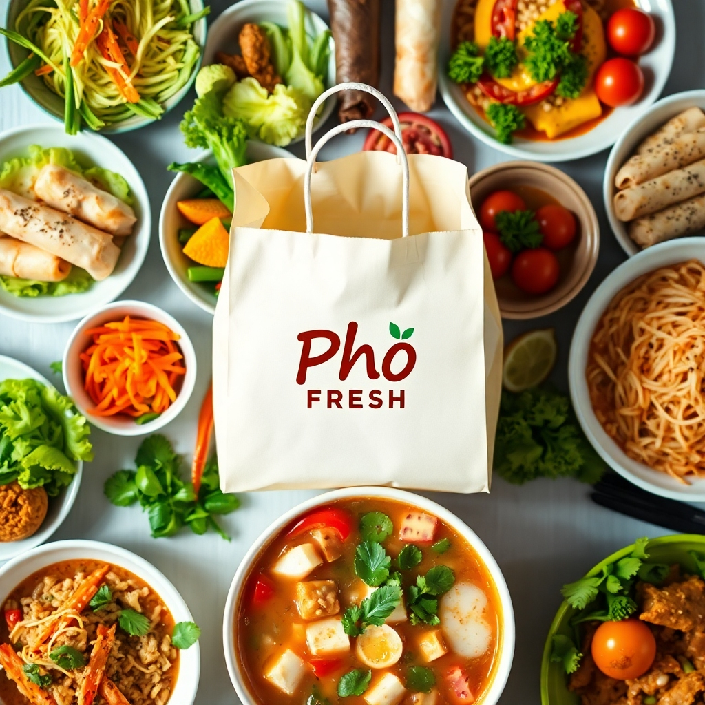 An appealing takeout bag from 'Pho Fresh' surrounded by a spread of vibrant Vietnamese dishes. The takeout bag is prominently displayed with the restaurant’s logo, and colorful dishes like pho, spring rolls, and fresh veggies are artistically arranged around it. The lighting is bright and inviting, emphasizing the freshness of the ingredients. The color palette is lively, featuring greens, reds, and yellows. The camera angle is slightly above, showcasing a top-down view of the arranged dishes. The texture of the food appears deliciously tempting and well-prepared, with steam rising from the hot pho. The environmentally friendly aspect of the takeout packaging is highlighted, reflecting modern dining preferences. The image should have a clean and contemporary look, rendered in ultra-detailed 8K resolution.