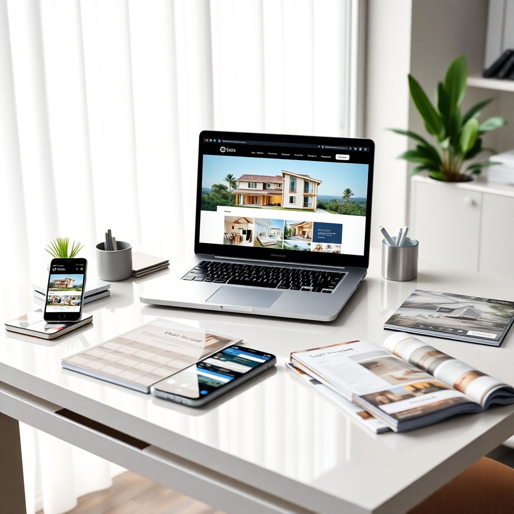 An array of marketing tools displayed on a sleek, modern desk. Include a laptop showing a property website, mobile devices with social media apps open, and print materials like flyers and brochures. The setting should be bright and professional, symbolizing innovation in real estate marketing.