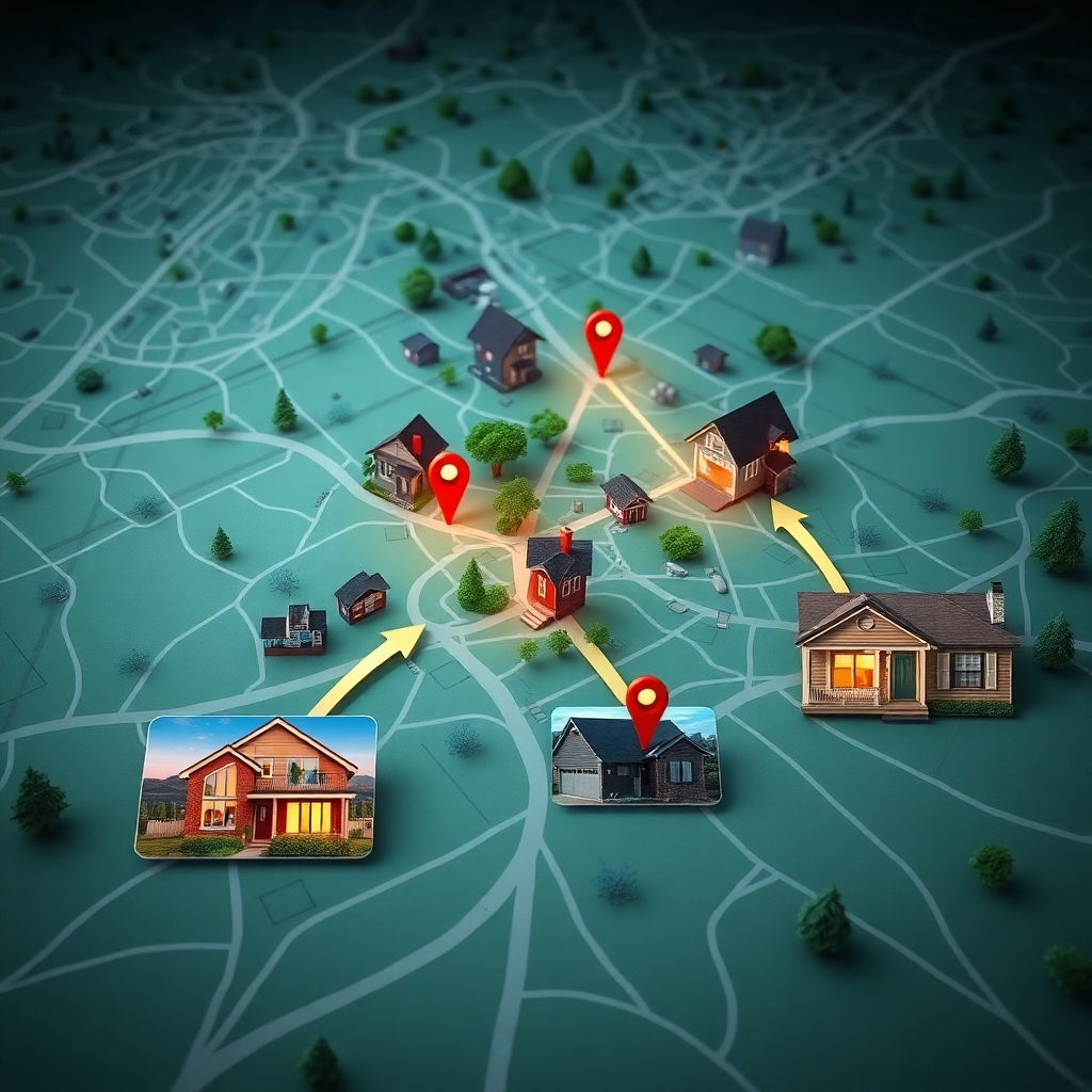 An artistic representation of a neighborhood map with pinpointed houses and arrows indicating movement, alongside images of attractive real estate listings, symbolizing the visibility and connection between the agent's marketing efforts and local homes.