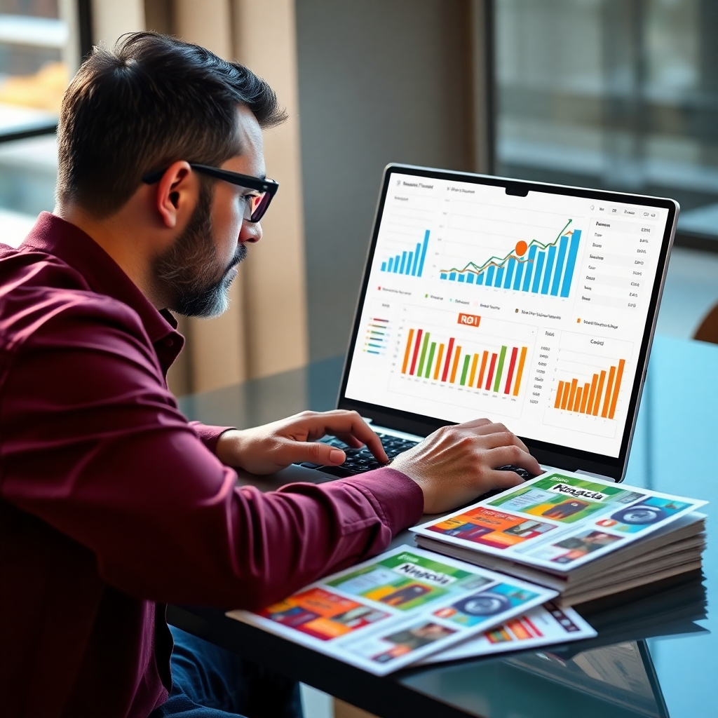 An artistic representation of a business owner reviewing a detailed financial report on a laptop. Charts and graphs illustrating upward trends in ROI are visible on the screen. A stack of colorful flyers sits beside the laptop, symbolizing successful targeted campaigns.