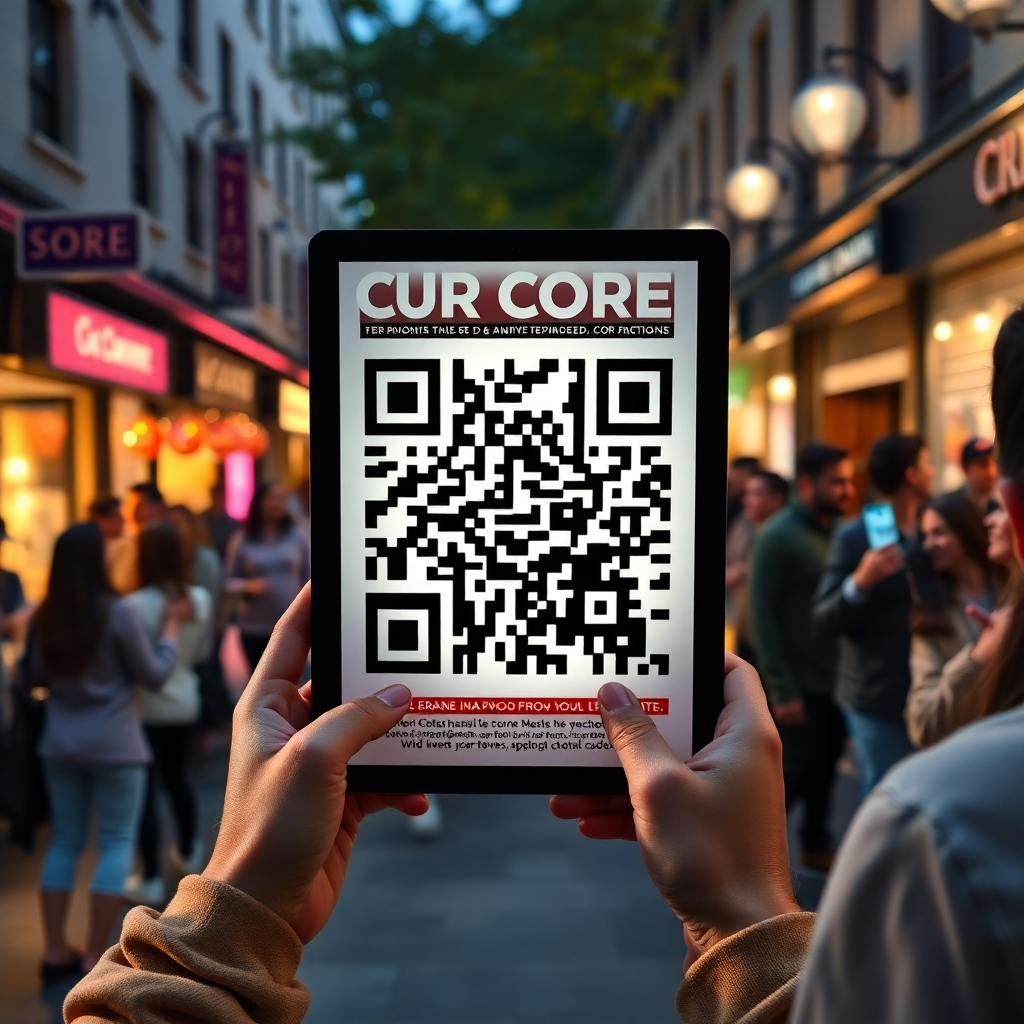 An artistic representation of a flyer with a bold QR code prominently displayed. The setting includes a busy street where people are scanning the QR code with their smartphones, highlighting excitement and engagement. The background showcases people chatting and enjoying themselves, emphasizing a community vibe.