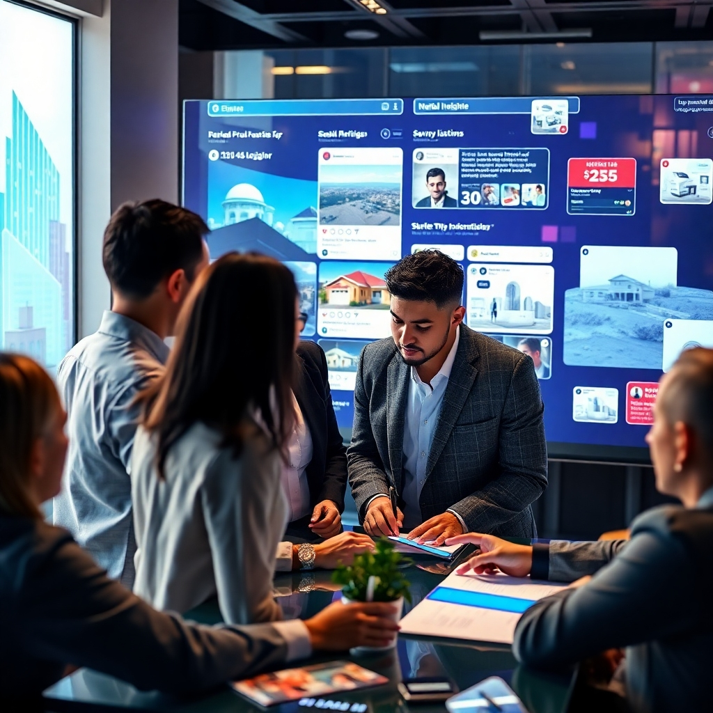 An artistic representation of a diverse group of real estate agents collaborating around a digital touchscreen displaying dynamic property listings and social media posts. The environment should reflect innovation, with futuristic elements and visuals of vibrant marketing materials surrounding them.
