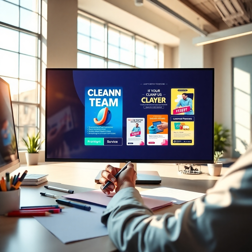 An artistic workspace featuring a designer at work, creating engaging graphics for cleaning services on a large digital screen. The environment is bright and modern, with natural light flooding in through large windows, creating a productive atmosphere. The screen displays colorful and professional designs of flyers and social media posts, capturing attention with vibrant colors and bold fonts. The camera angle is slightly above the workspace, focusing on the screen while also showing the designer’s hands in action, adding a dynamic element. Textures of tools like digital pens and paper add authenticity. The mood is innovative and professional, rendered in 8K resolution, hyperrealistic with intricate detail, symbolizing creativity and marketing excellence.