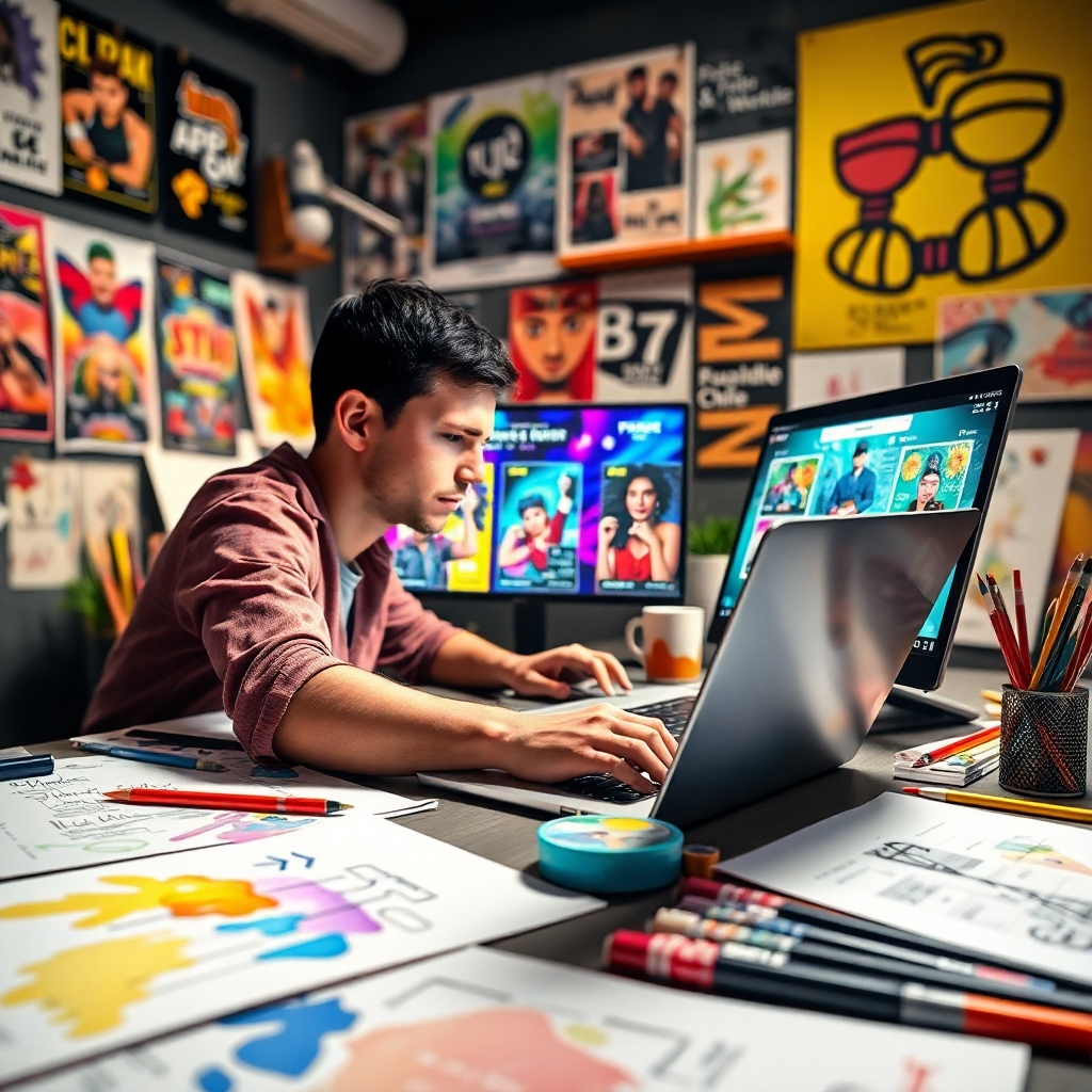 An artistic workspace filled with design elements, showcasing a designer at work, creating vibrant event flyers. The composition includes the designer focused on their laptop, surrounded by colorful sketches, paints, and digital displays of flyer designs. Dramatic side lighting adds depth and highlights the creative process, while the color palette includes bright, contrasting colors to reflect energetic event themes. The camera angle should be a close-up, emphasizing the working hands of the designer and the vivid designs on the screen. Textures include paper, digital graphics, and art materials, giving an authentic creative vibe. Background elements show a creative studio setting with inspiration boards, mood boards, and finished products, captured in ultra-detail, 8K resolution, and a modern art style.