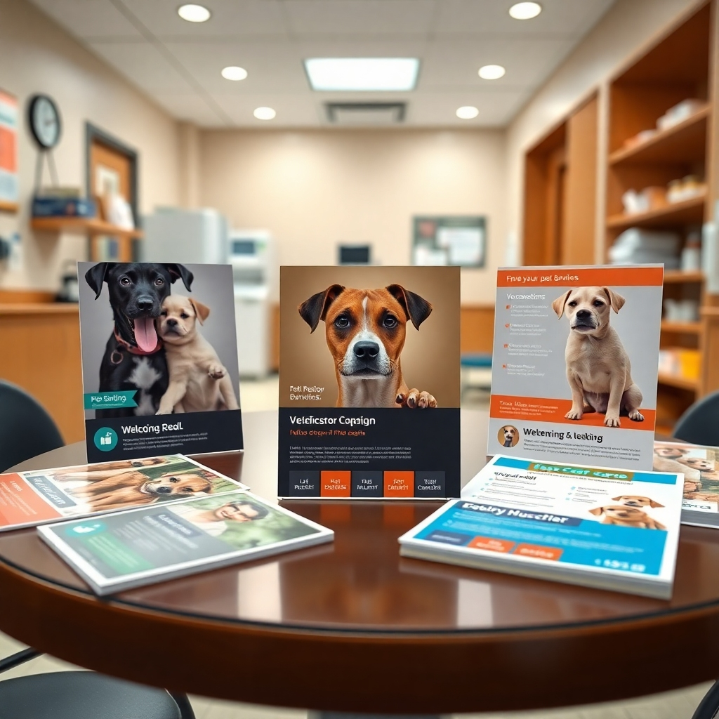 An assortment of colorful flyers displayed on a table in a veterinary clinic, featuring professional images of pets receiving care, with bullet points detailing services like vaccinations and dental cleanings. The background shows a welcoming clinic environment.