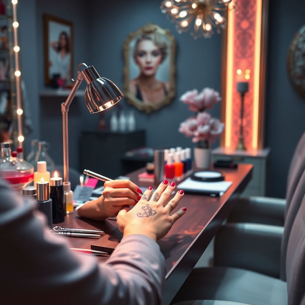 An elegant nail salon scene showing a nail artist meticulously creating an elaborate nail design on a client's hand. The table is adorned with colorful nail polish bottles, tools, and a soft, cozy ambiance that speaks of luxury and relaxation.