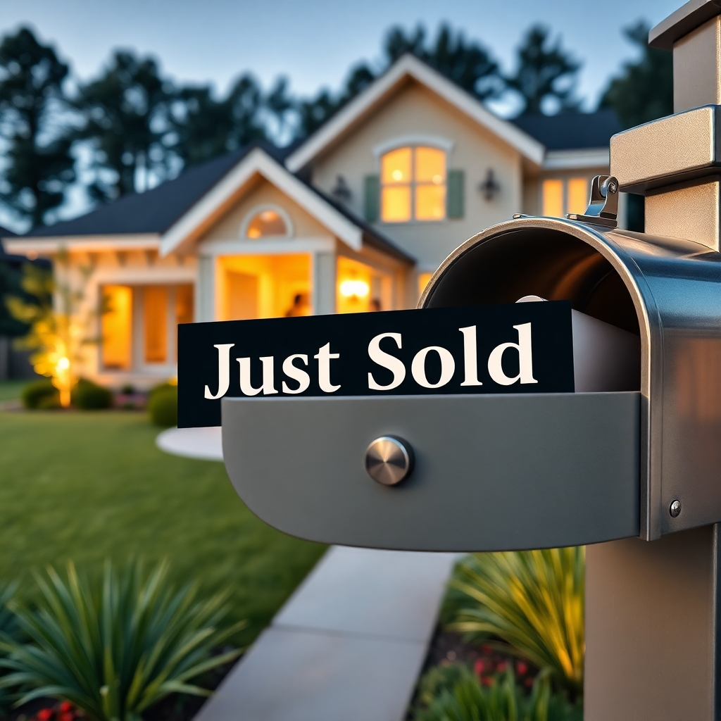 An elegant postcard featuring a 'Just Sold' banner, placed prominently in a modern mailbox. Include smiling homeowners and a trophy-like house in the background, emphasizing success and satisfaction with a bright, inviting atmosphere.