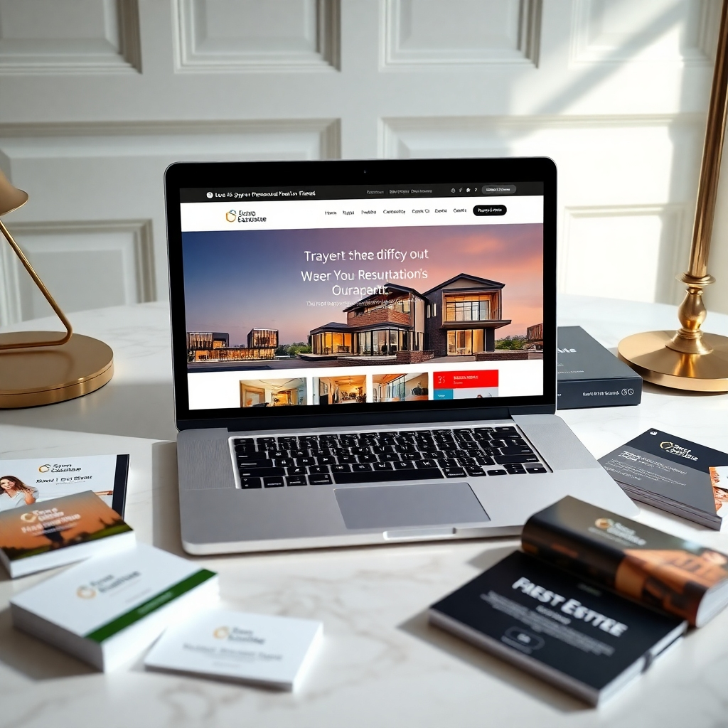 An elegant workspace featuring a laptop displaying a real estate website with a consistent branding theme, including logo, colors, and fonts. Surround the laptop with branded business cards and brochures to highlight professional branding elements.