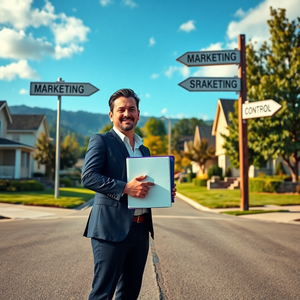 An empowered real estate agent standing confidently at a crossroads in a picturesque neighborhood, holding a folder of marketing strategies. The scene symbolizes choice and control, with directional signs pointing toward various marketing options.