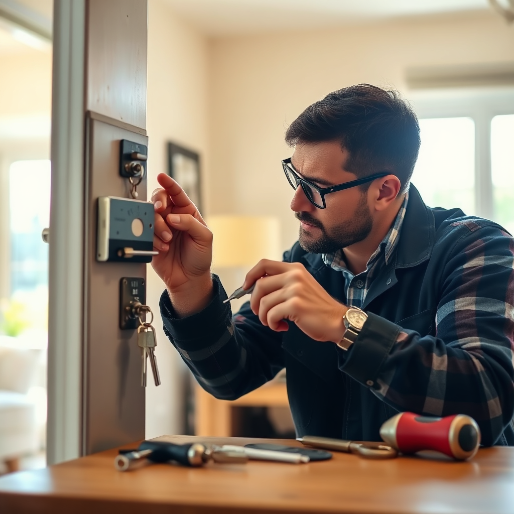 An engaging image of a locksmith diagnosing issues with a complex lock mechanism inside a home. The background shows an inviting home interior, with focus on the locksmith's concentration and the tools at hand. Bright, natural light filters through the window, creating a warm and secure atmosphere. This image should illustrate the depth of expertise and the problem-solving nature of their service in a high-quality format.