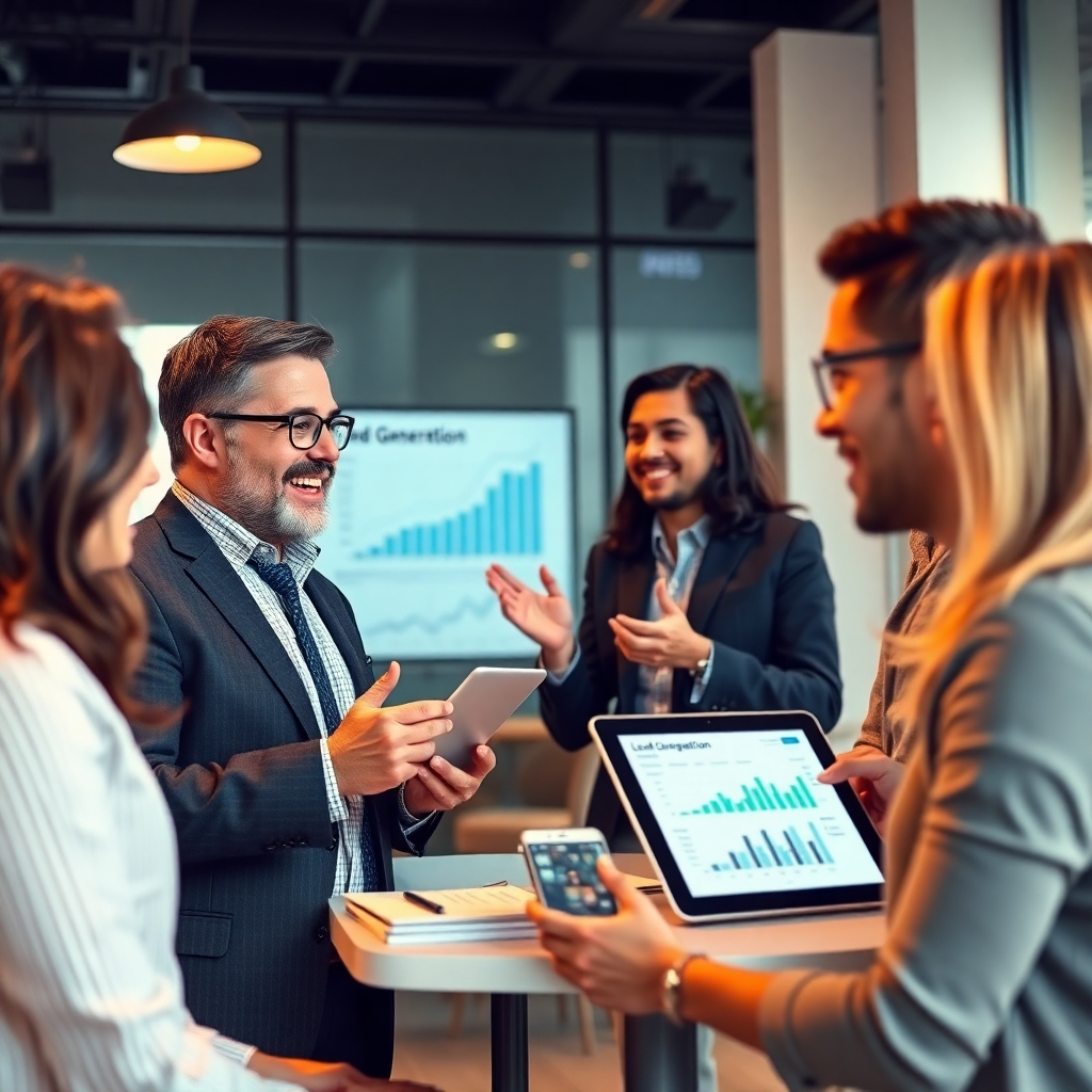 An engaging image of a real estate agent engaging with enthusiastic clients in a modern office setting. Feature elements like lead generation charts, digital devices showing lead acquisition metrics, and a warm, welcoming atmosphere to represent success.