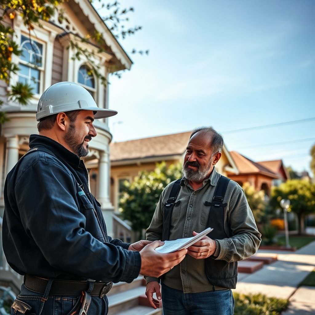 An engaging image of a Roof Guys technician discussing roofing solutions with a client. The environment is visible in a charming Sacramento neighborhood, showcasing unique historic homes. The lighting is soft, creating a friendly atmosphere. The composition should focus on the exchange of ideas, highlighting the technical knowledge of the roofer and the trust of the homeowner. The image should be photorealistic, aiming for clarity and detail.