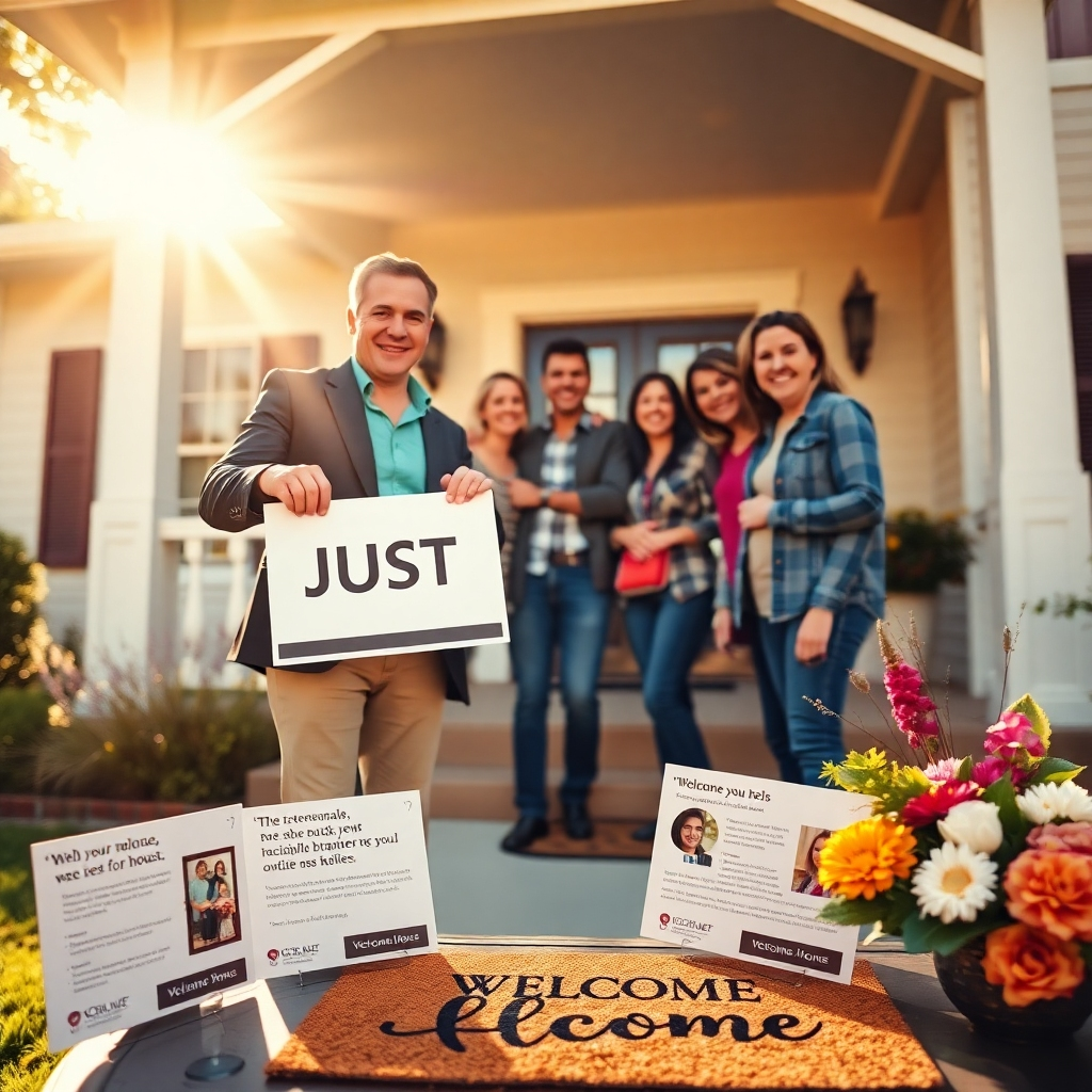 An engaging scene of a celebration outside a recently sold home. The foreground features a proud real estate agent holding a 'Just Sold' sign, surrounded by a smiling family happily posing for a picture in front of their new home. Soft, warm sunlight bathes the scene, enhancing the joy and success of the sale. The image captures the allure of the home with a well-maintained lawn and welcoming front porch. In the background, postcards displaying testimonials and success stories are artistically pinpointed on a nearby table. Elements include a tasteful arrangement of flowers and props like a 'Welcome Home' doormat. The color palette employs warm yellows and greens to evoke feelings of happiness and trust. The composition uses a slightly low camera angle, adding a sense of grandeur to the house. This lively scene, reminiscent of documentary-style photography, should be hyperrealistic, ultra-detailed, and in 8K resolution.
