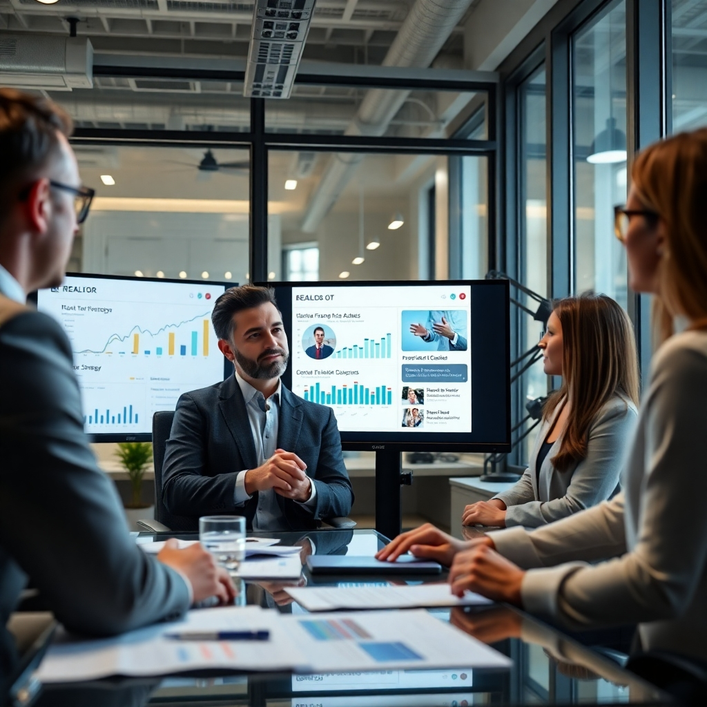 An engaging scene of a realtor personally interacting with clients in a modern office, surrounded by charts and analytics. Depict screen visuals showcasing personalized email campaigns and direct messaging, emphasizing connection and success.