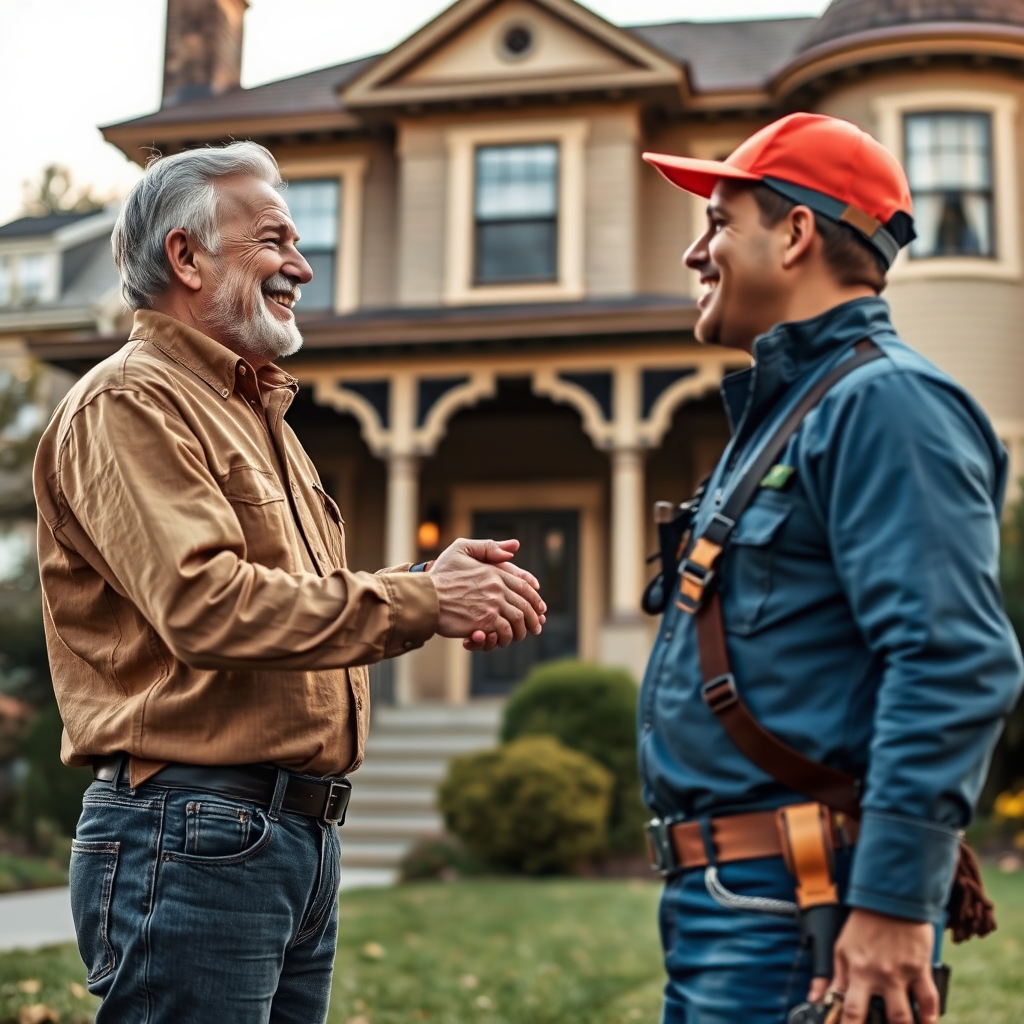 An engaging visual of a satisfied homeowner shaking hands with a Roof Guys roofer after a successful roofing project. The setting is in front of a beautifully restored historic home. The lighting is warm, suggesting a late afternoon ambiance. Colors should include soft earth tones that complement the home’s facade. The camera angle should be slightly elevated to show the house in the background, creating a sense of satisfaction and trust. The image should be photorealistic, capturing the emotions and the quality of the workmanship.