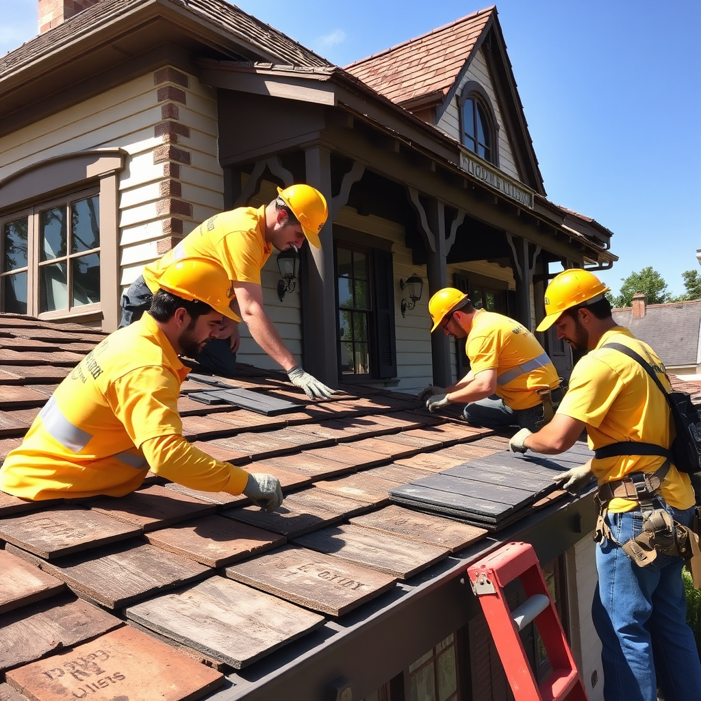 An engaging visual of a team of Roof Guys professionals replacing old roofing materials with newly restored ones on a historic home. The scene should convey teamwork and craftsmanship under bright natural light. The colors should be bright and cheerful, emphasizing the transformation process. The image angle should provide a clear view of both the new materials and the team’s effort, showcasing restoration work in a beautiful setting.
