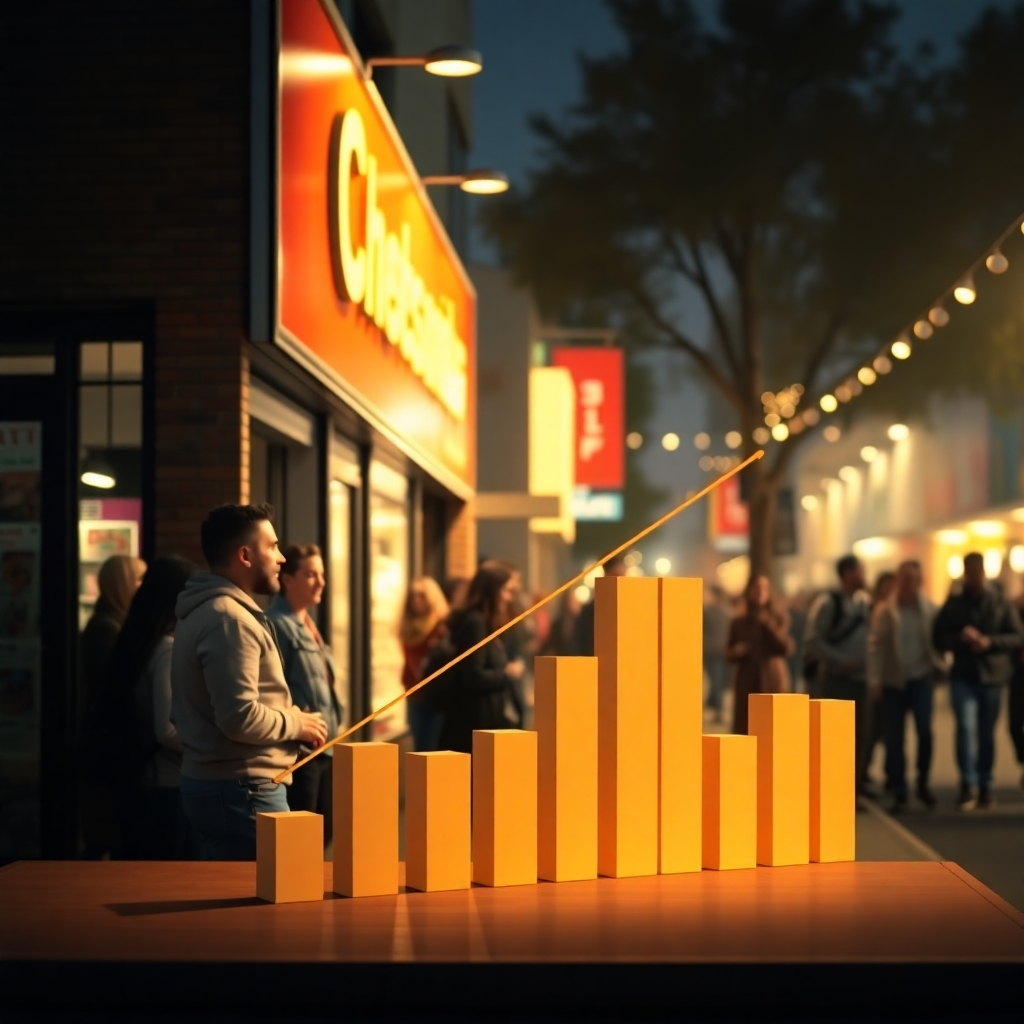 An engaging visual showing a bar graph with upward trends beside a crowd of satisfied customers outside a local store. The scene should reflect a thriving, vibrant community atmosphere, highlighting the successful impact of targeted advertising.
