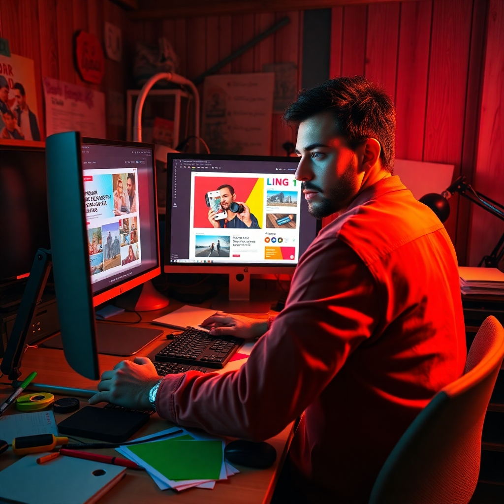 An engaging workspace scene showcasing a creative designer working on a digital ad on a high-resolution monitor. The desk is cluttered yet organized with design tools and vibrant color swatches scattered around. Dramatic side lighting emphasizes the designer's focused expression as they adjust images and text on the screen. The color palette is bold and playful, featuring bright reds, yellows, and greens for maximum impact. The camera is positioned directly in front of the designer, capturing both their intensity and the digital content on the screen, with a texture-rich environment featuring wooden surfaces and metallic accents. Style references draw from contemporary graphic design aesthetics. Ensuring ultra-detailed imagery in 8K resolution, allowing viewers to appreciate the creative details.
