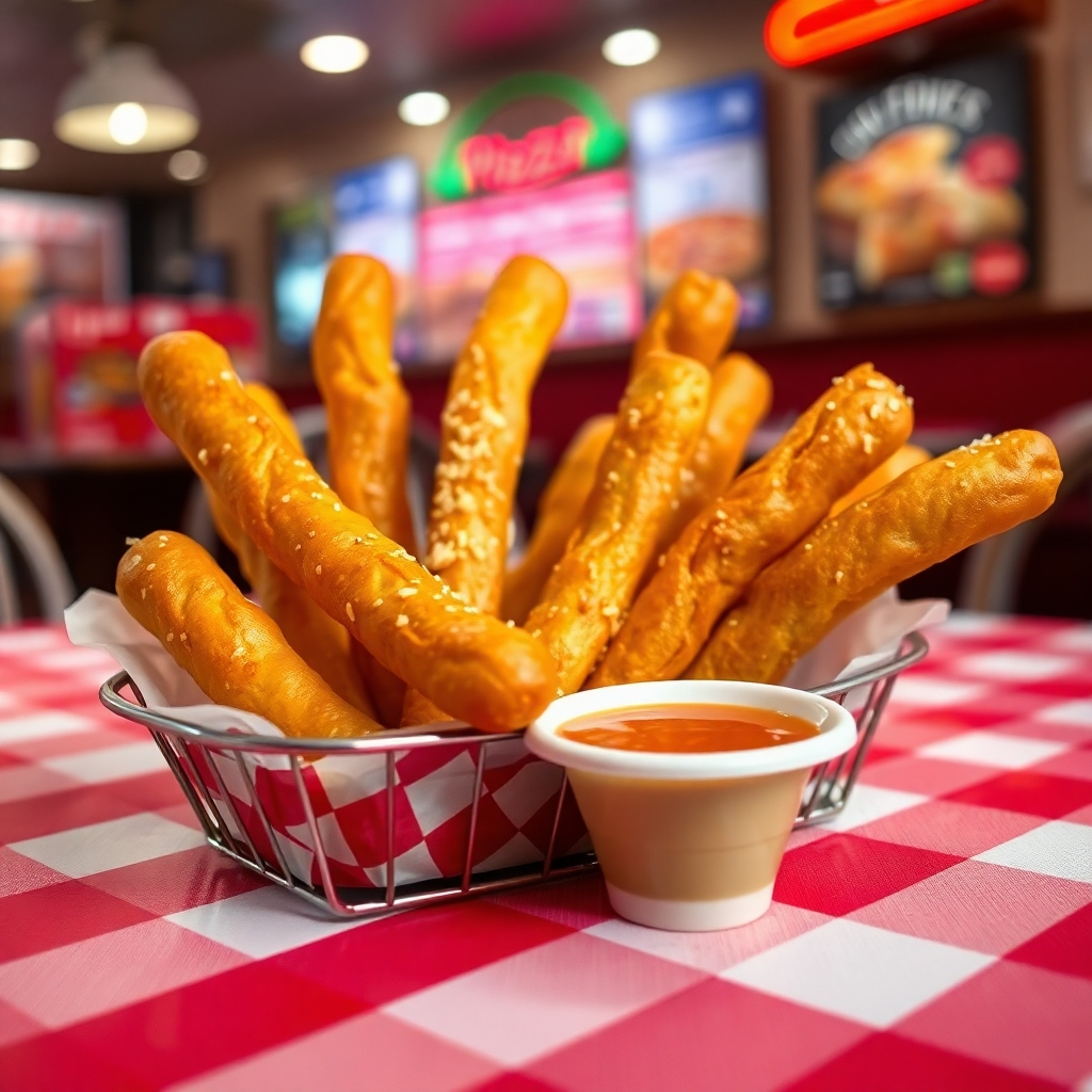 An enticing scene showcasing a basket of Crazy Bread® on a checkered red-and-white restaurant tablecloth. The breadsticks are golden-brown, glistening with melted butter, and sprinkled with garlic and Parmesan. A small bowl of tangy Crazy Sauce® is placed next to the basket. The soft diffused lighting creates a cozy, warm ambiance, perfect for a family meal. The color palette includes inviting yellows and rich reds, evoking a sense of comfort food. The camera angle focuses on the breadsticks, capturing their texture and warmth, with a shallow depth of field to gently blur the background, emphasizing the bread as the star of the dish. In the background, a hint of pizza boxes and a vibrant menu board appears out of focus. Style references include cozy diner photography. Technical specifications: 8K resolution, hyperrealistic, illustrating the delicious appeal of Crazy Bread®.