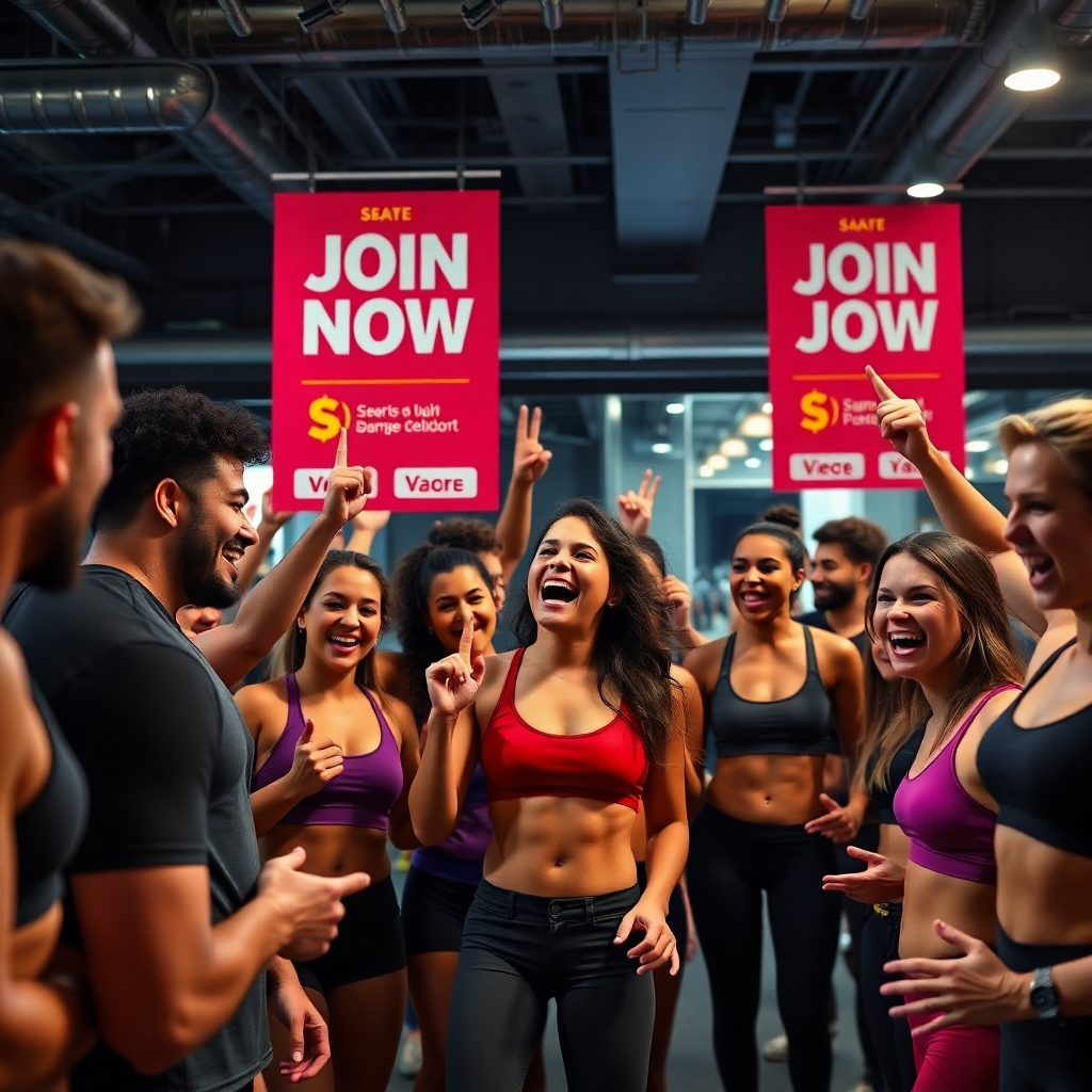 An excited group of people at a gym, engaging with a special promotion. The scene includes eye-catching banners showcasing 'Join Now' discounts, with visually happy individuals in workout gear signing up enthusiastically.