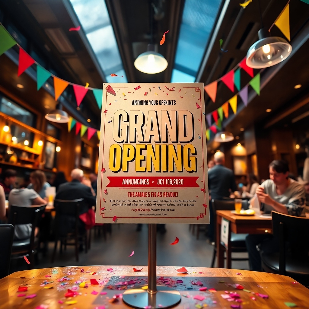 An exciting scene of a grand opening flyer displayed prominently in a lively café setting. The flyer should feature striking graphics announcing the event, with confetti scattered around. Dramatic side lighting highlights the textures of the flyer while allowing the café decor, featuring colorful bunting and freshly prepared dishes, to come into view. The camera angle is set at eye level to capture the bustling atmosphere of excited diners and staff. Bright, engaging colors dominate the image to stimulate a sense of joy and anticipation. The photographed scene is reminiscent of high-energy promotional campaigns in renowned event photography, ultra-high quality, and hyperrealistic, crafted in 8K resolution.