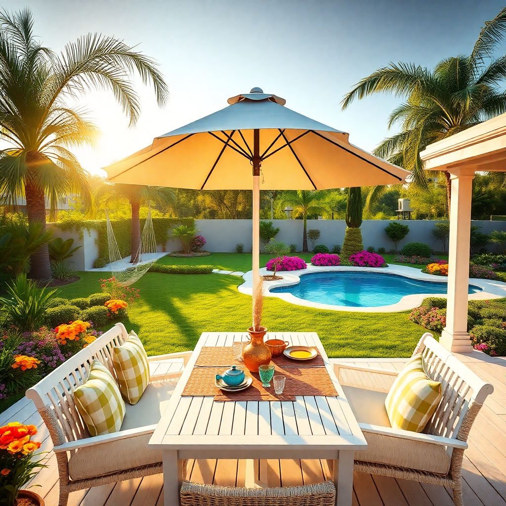 An expansive backyard view showcasing a meticulously landscaped garden, featuring vibrant flowers and lush green grass. The scene is set in the late afternoon with golden hour lighting, casting a warm glow on the white wooden deck furnished with stylish outdoor furniture. A large insulated umbrella provides shade over a table set for al fresco dining, with decorative placemats and colorful dishes arranged on top. A sparkling in-ground pool glimmers in the sunlight, bordered by palm trees and colorful shrubs. Perhaps a hammock swings gently between two trees, suggesting tranquility. This image is shot from a slightly elevated angle to capture the depth and entirety of the outdoor space, revealing paths winding through flower beds. The color palette is vibrant yet harmonious, featuring greens, yellows, and splashes of floral colors. This should be rendered in ultra-high definition with hyperrealistic textures.