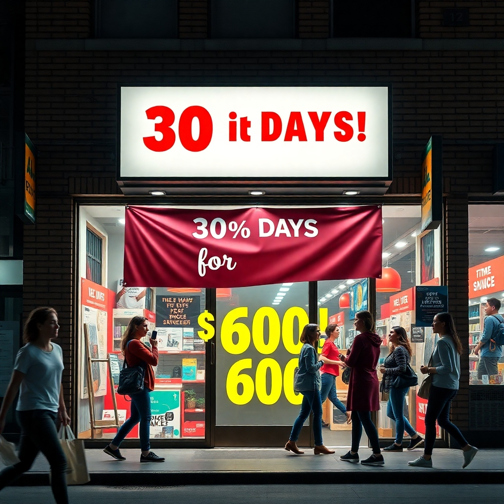An eye-catching, dynamic image of a local store displaying a '30 Days for $600!' promotional banner outside. Surrounding the store, happy customers should be shown entering, highlighting the cost-effectiveness and customer interest generated by well-placed geofencing ads.