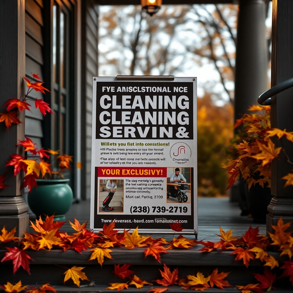 An eye-catching flyer featuring bold text and images of cleaning services, displayed prominently on a porch with colorful autumn leaves around it, conveying a sense of urgency and exclusivity that catches the attention of passersby.