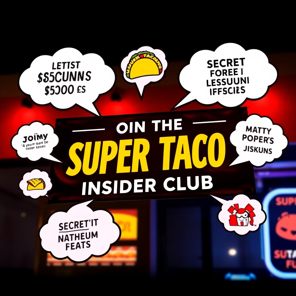 An eye-catching graphic displaying a 'Join the Super Taco Insider Club' banner, surrounded by thought bubbles showcasing discounts, secret menu items, and community events. The design is colorful and inviting, emphasizing urgency and excitement.