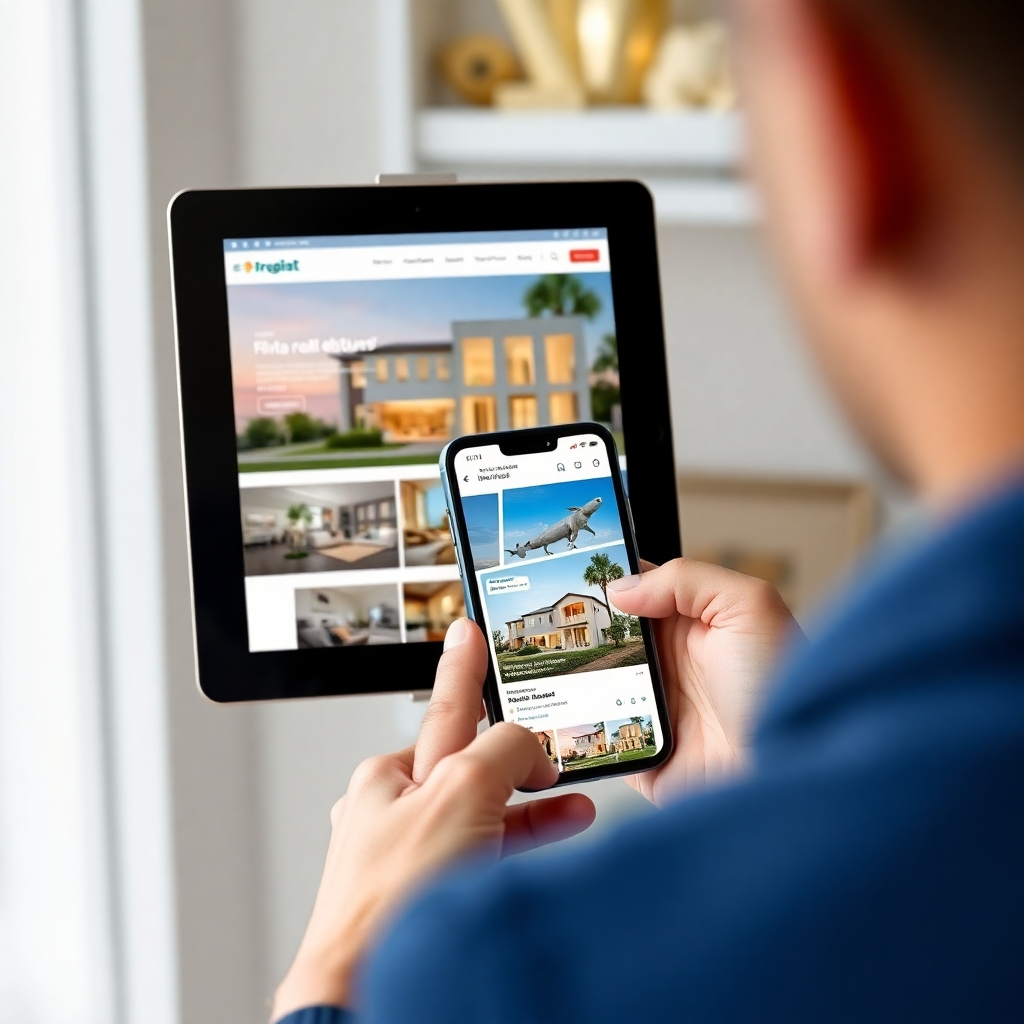 An eye-catching real estate website displayed on both a smartphone and tablet, demonstrating a responsive design. The layout should appear sleek and functional, with listings that adapt beautifully to different screen sizes.