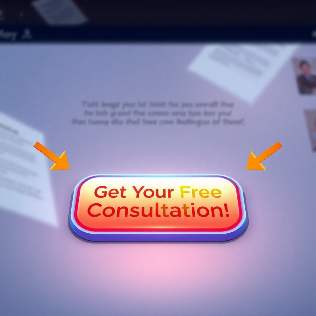 An illustrated close-up of a landing page showcasing a bright, colorful call-to-action button labeled 'Get Your Free Consultation!' surrounded by engaging graphics like arrows pointing toward the button. The background should be subtle and supportive of the CTA focus.