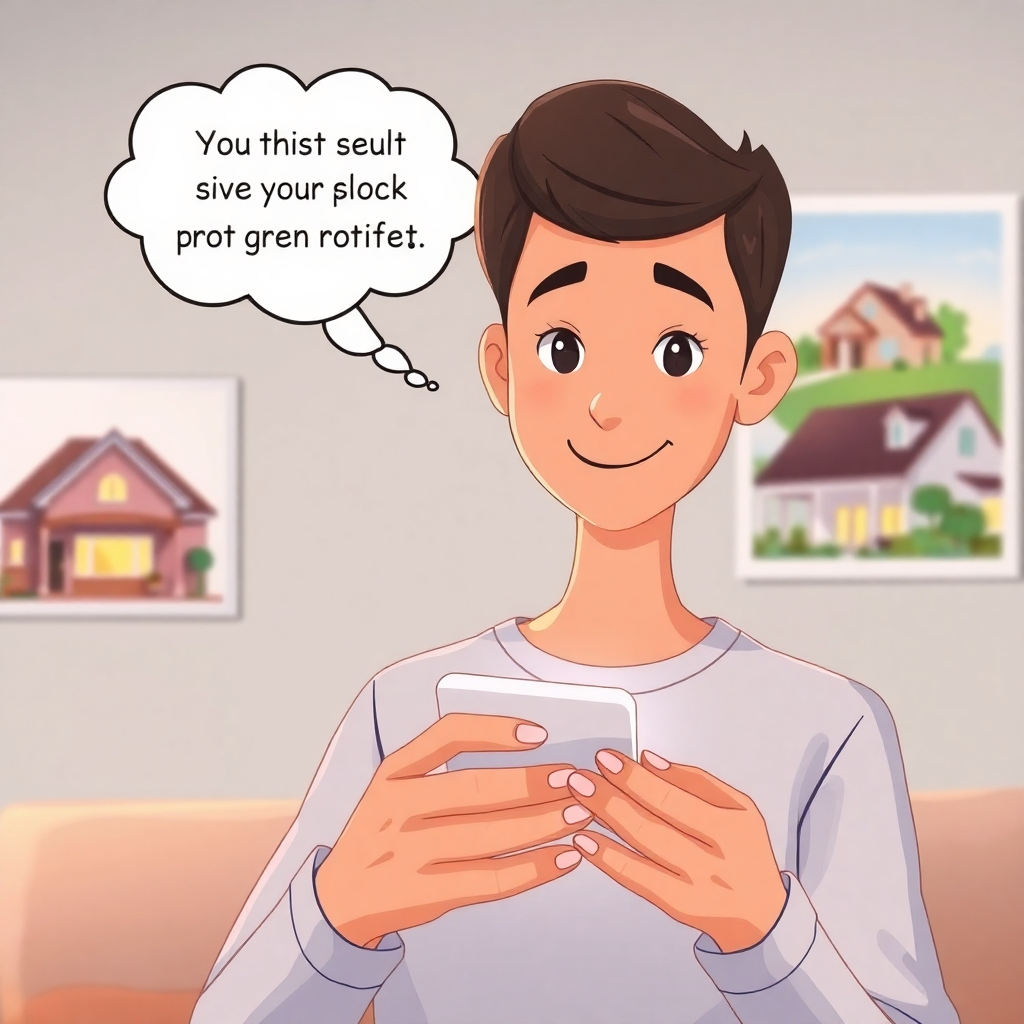 An illustrated scene of a person receiving a personalized text message about their property, with warmth and engagement depicted in their expression. A thought bubble shows them thinking positively about real estate, with images of homes in the background.
