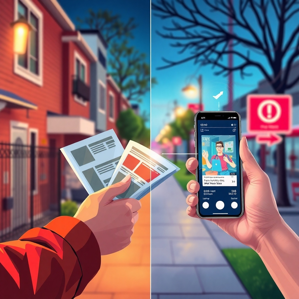 An illustration depicting a split scene: one side shows a hand distributing flyers in a neighborhood, while the other side shows a digital device with geofencing technology targeting users. Use vibrant colors to showcase the synergy between physical and digital marketing strategies.