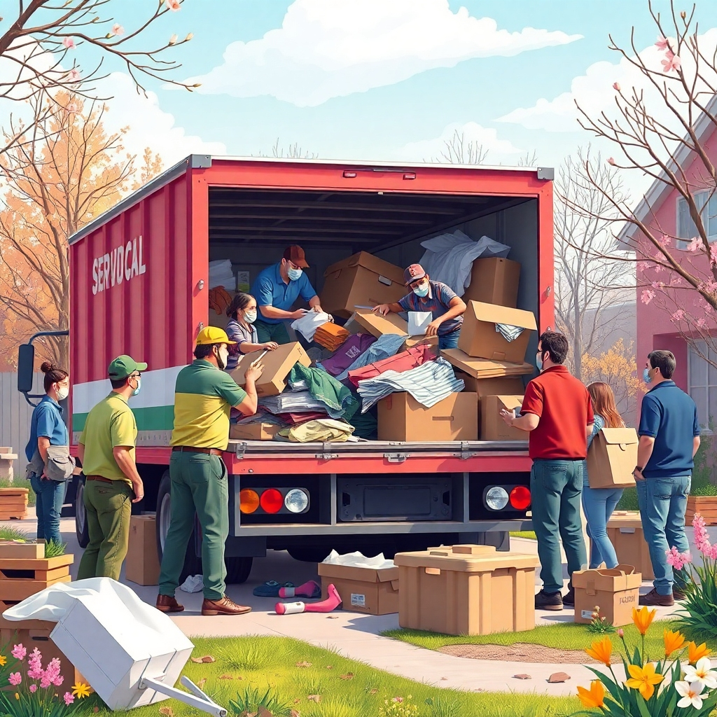 An illustration of a bustling junk removal business with workers loading junk onto a truck, surrounded by satisfied clients. Include a graph showing an upward trend in service calls, complemented by seasonal visuals like spring flowers.